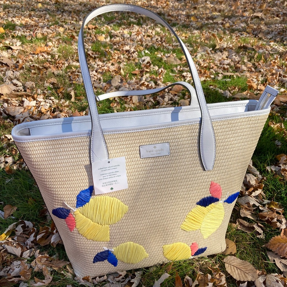 Kate Spade Large Tote Ash Straw Lemon Zest Straw and Leather Bag Lemon Print Bag - Picture 1 of 17